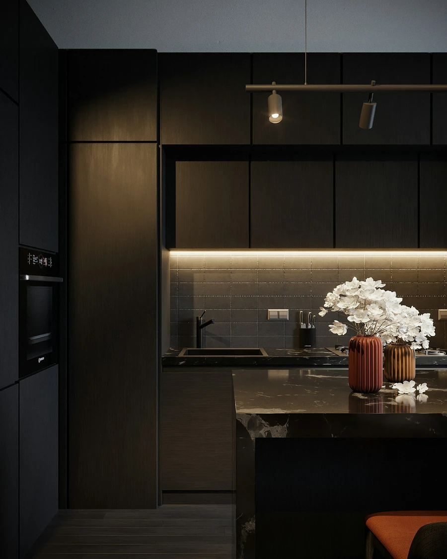 Kitchen set gelap dengan lampu strip; foto stok
